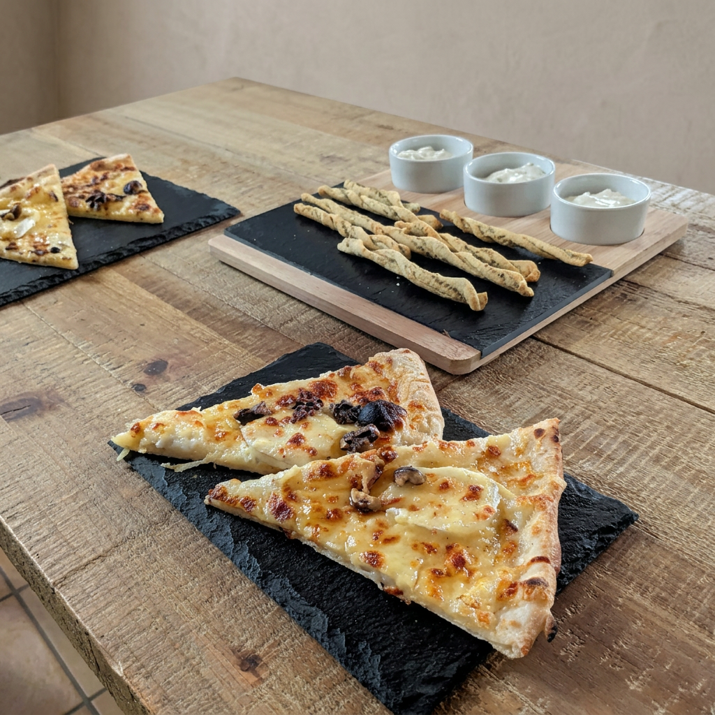 Parts de pizza coupées et gressins servies sur des ardoises