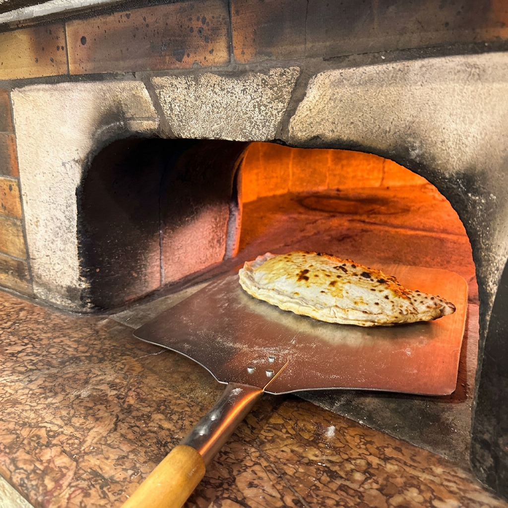 Pizza sur sa pelle à la sortie du four à bois
