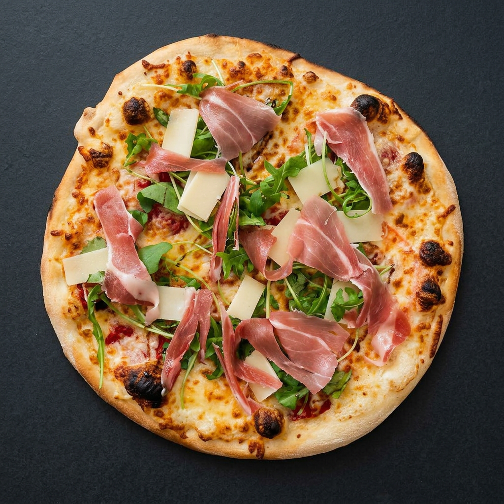 Pizza garnie de jambon sec, de roquette et de parmesan