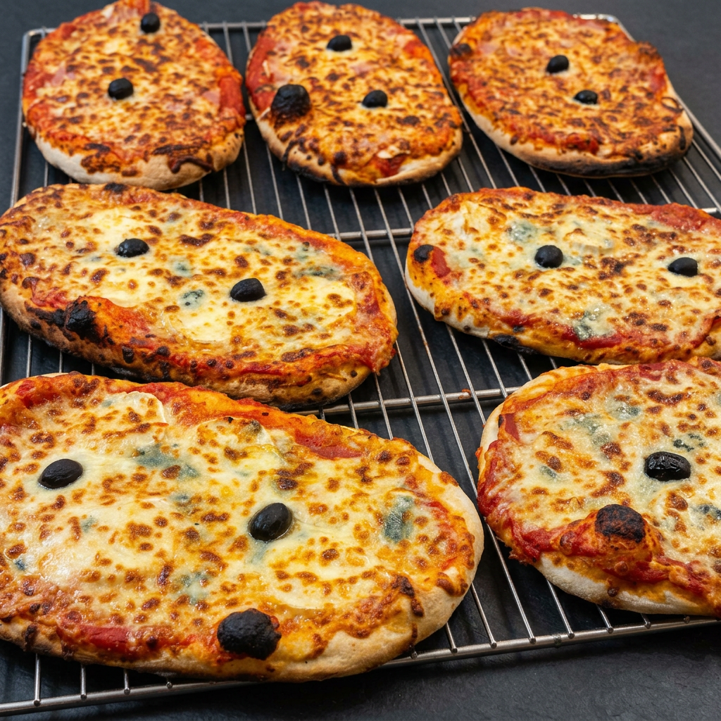 Petites pizzas portions dorées sur leur grille