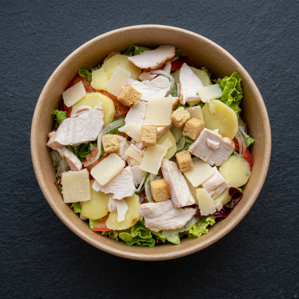 Salade au poulet, pommes de terre et parmesan à emporter